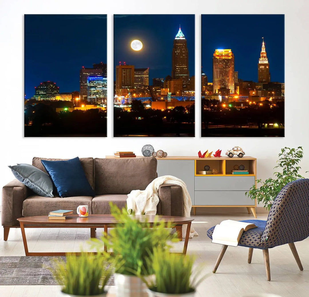 The "Cleveland Night Skyline Wall Art City Cityscape Canvas Print" adds elegance to the room with its depiction of a city skyline and full moon on museum-quality canvas. The artwork is enhanced by a UV-protective coating to ensure lasting brilliance.