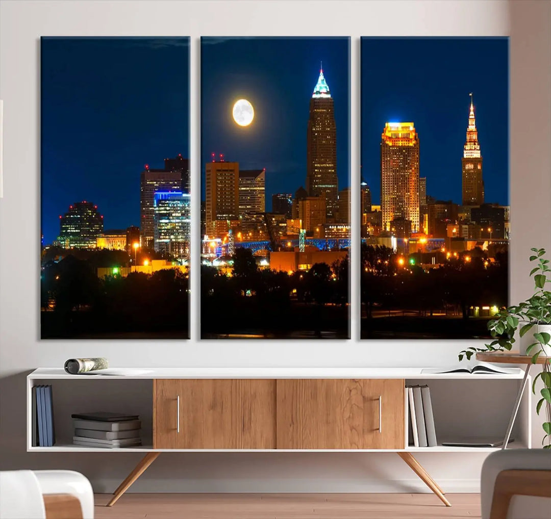 The "Cleveland Night Skyline Wall Art City Cityscape Canvas Print" adds elegance to the room with its depiction of a city skyline and full moon on museum-quality canvas. The artwork is enhanced by a UV-protective coating to ensure lasting brilliance.