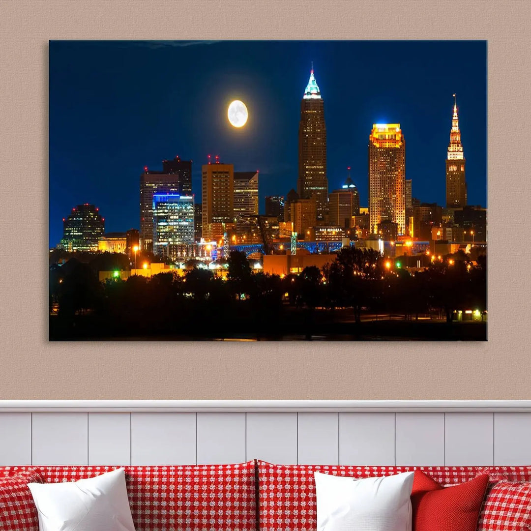 The "Cleveland Night Skyline Wall Art City Cityscape Canvas Print" adds elegance to the room with its depiction of a city skyline and full moon on museum-quality canvas. The artwork is enhanced by a UV-protective coating to ensure lasting brilliance.