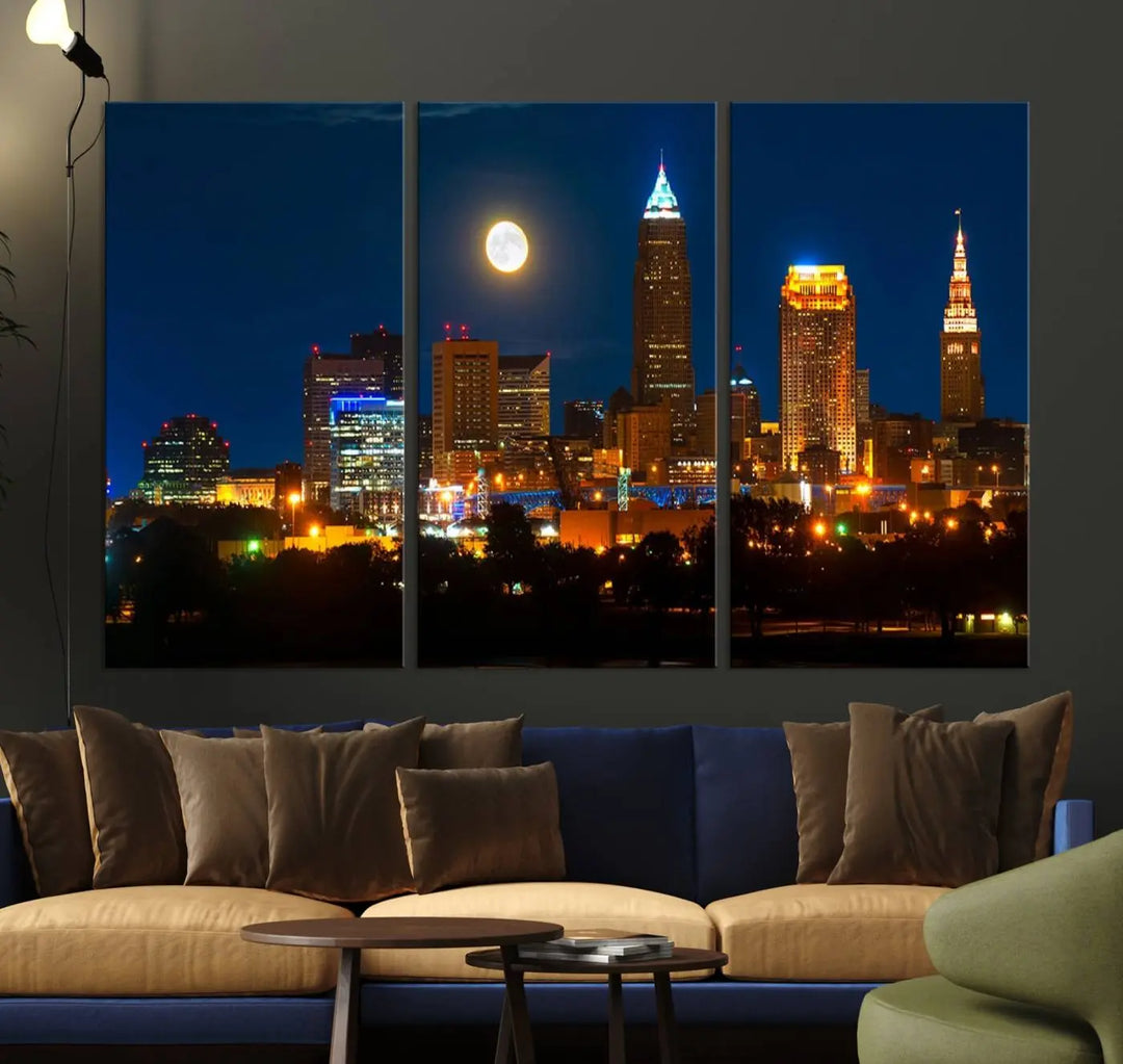 The "Cleveland Night Skyline Wall Art City Cityscape Canvas Print" adds elegance to the room with its depiction of a city skyline and full moon on museum-quality canvas. The artwork is enhanced by a UV-protective coating to ensure lasting brilliance.