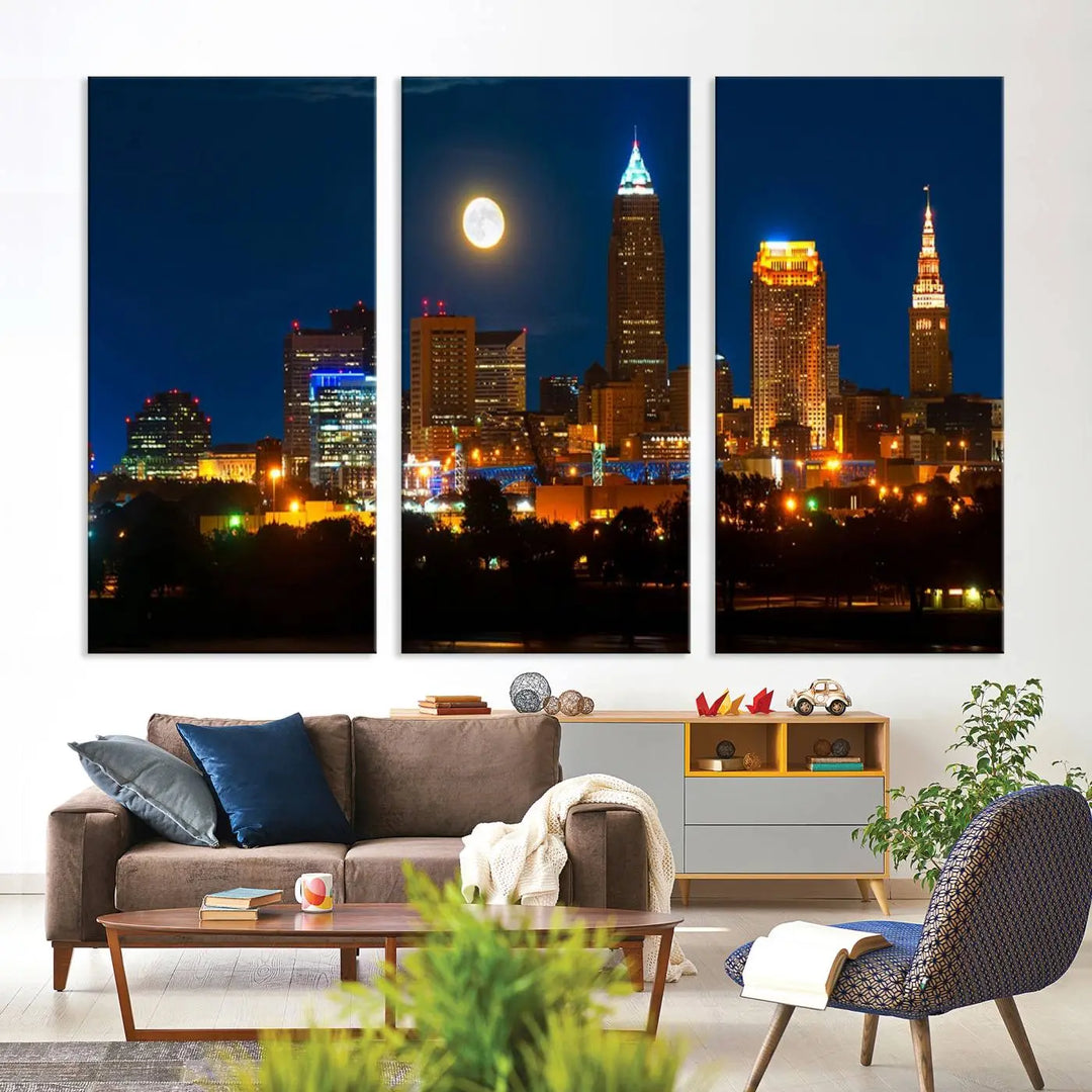 The "Cleveland Night Skyline Wall Art City Cityscape Canvas Print" adds elegance to the room with its depiction of a city skyline and full moon on museum-quality canvas. The artwork is enhanced by a UV-protective coating to ensure lasting brilliance.