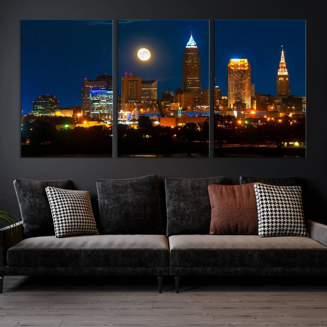 The "Cleveland Night Skyline Wall Art City Cityscape Canvas Print" adds elegance to the room with its depiction of a city skyline and full moon on museum-quality canvas. The artwork is enhanced by a UV-protective coating to ensure lasting brilliance.