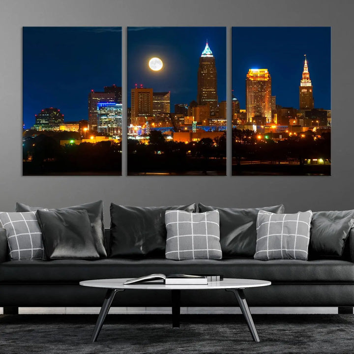 The "Cleveland Night Skyline Wall Art City Cityscape Canvas Print" adds elegance to the room with its depiction of a city skyline and full moon on museum-quality canvas. The artwork is enhanced by a UV-protective coating to ensure lasting brilliance.