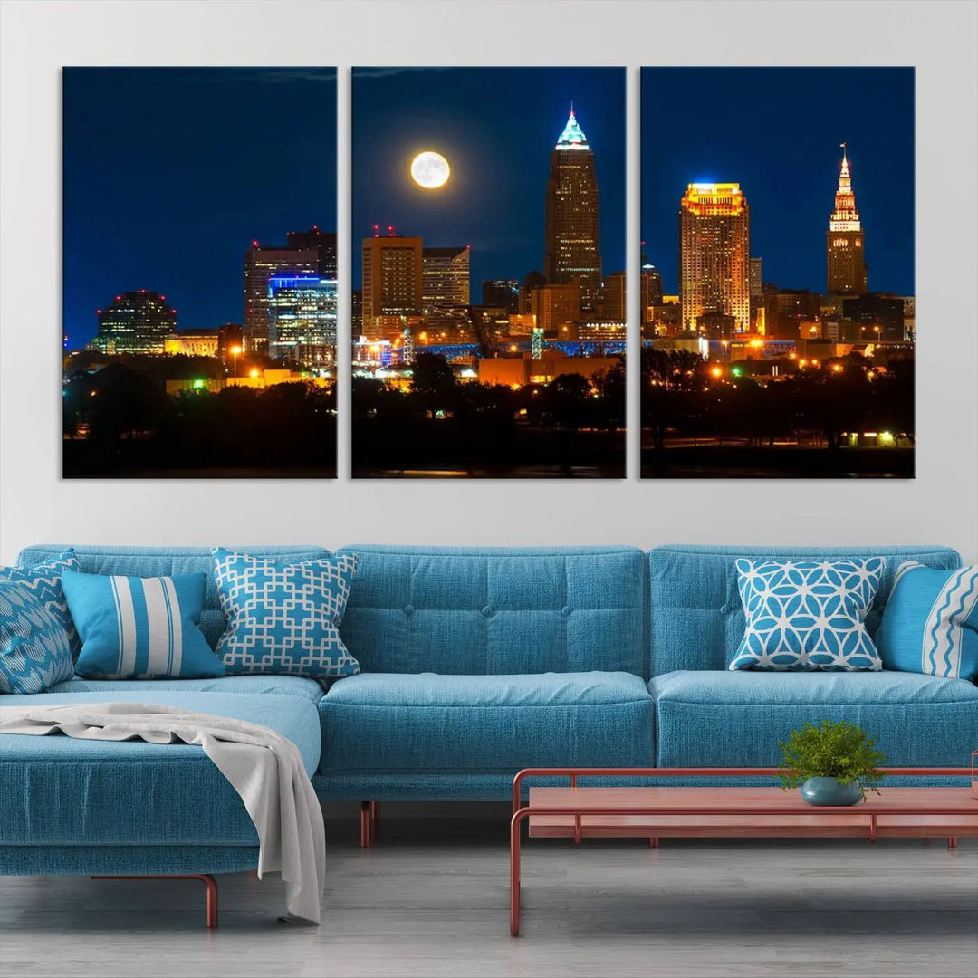 The "Cleveland Night Skyline Wall Art City Cityscape Canvas Print" adds elegance to the room with its depiction of a city skyline and full moon on museum-quality canvas. The artwork is enhanced by a UV-protective coating to ensure lasting brilliance.