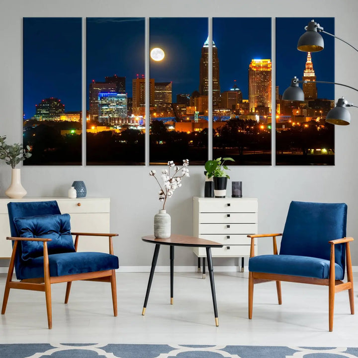 The "Cleveland Night Skyline Wall Art City Cityscape Canvas Print" adds elegance to the room with its depiction of a city skyline and full moon on museum-quality canvas. The artwork is enhanced by a UV-protective coating to ensure lasting brilliance.