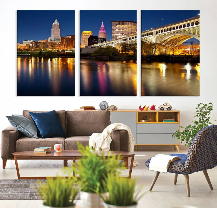 The "Cleveland Night Skyline Wall Art City Cityscape Canvas Print" is a striking feature in the room, showcasing a city skyline with a bridge reflecting in a river. Displayed on museum-quality canvas, it offers enduring beauty.