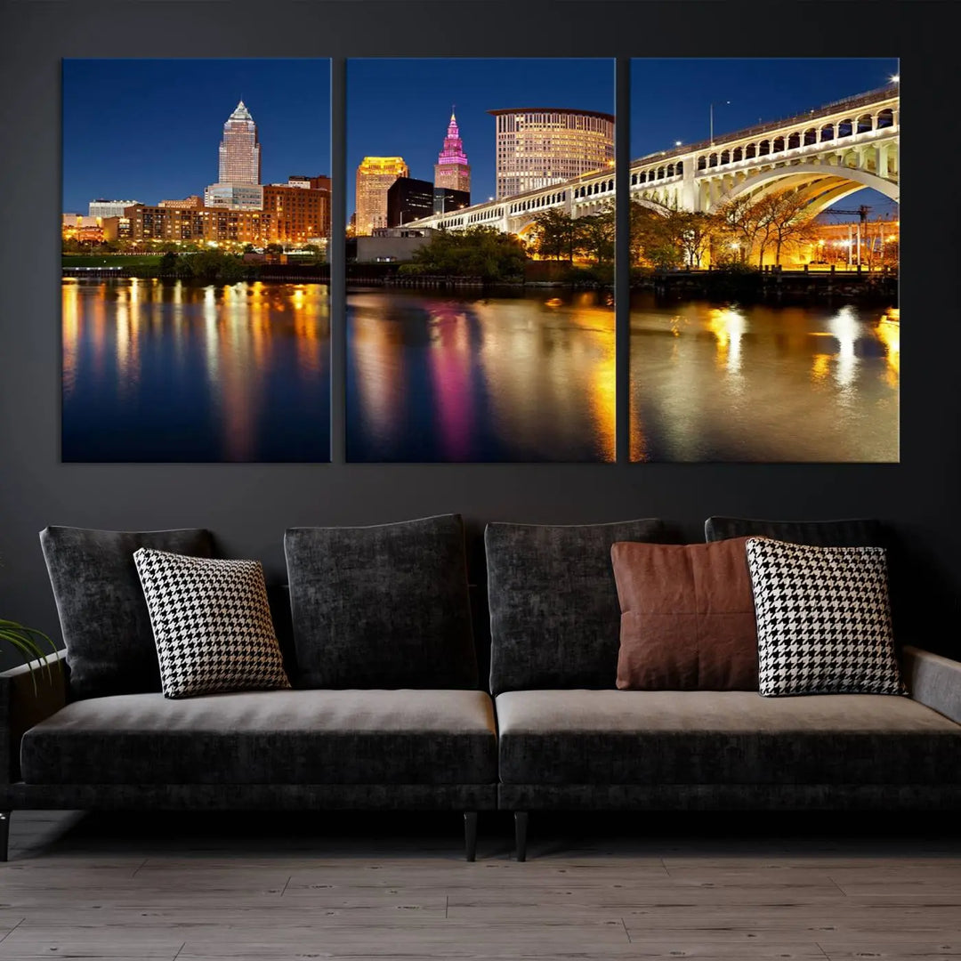 The "Cleveland Night Skyline Wall Art City Cityscape Canvas Print" is a striking feature in the room, showcasing a city skyline with a bridge reflecting in a river. Displayed on museum-quality canvas, it offers enduring beauty.