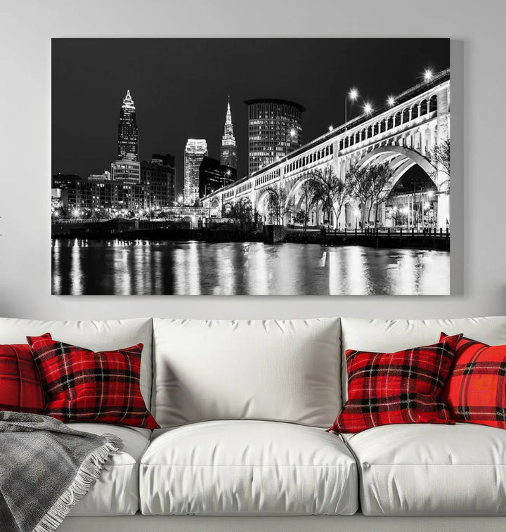 Enhance your space with the Cleveland Night Skyline Wall Art City Cityscape Canvas Print, a museum-quality black and white triptych. This ready-to-hang masterpiece is designed to elevate any room's aesthetic.