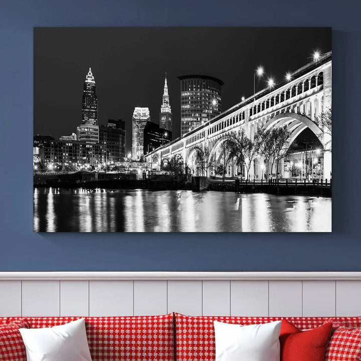 Enhance your space with the Cleveland Night Skyline Wall Art City Cityscape Canvas Print, a museum-quality black and white triptych. This ready-to-hang masterpiece is designed to elevate any room's aesthetic.