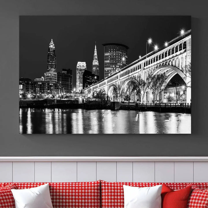 Enhance your space with the Cleveland Night Skyline Wall Art City Cityscape Canvas Print, a museum-quality black and white triptych. This ready-to-hang masterpiece is designed to elevate any room's aesthetic.