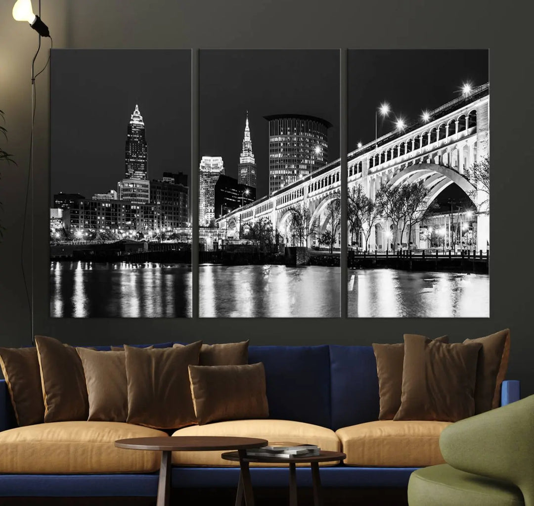 Enhance your space with the Cleveland Night Skyline Wall Art City Cityscape Canvas Print, a museum-quality black and white triptych. This ready-to-hang masterpiece is designed to elevate any room's aesthetic.