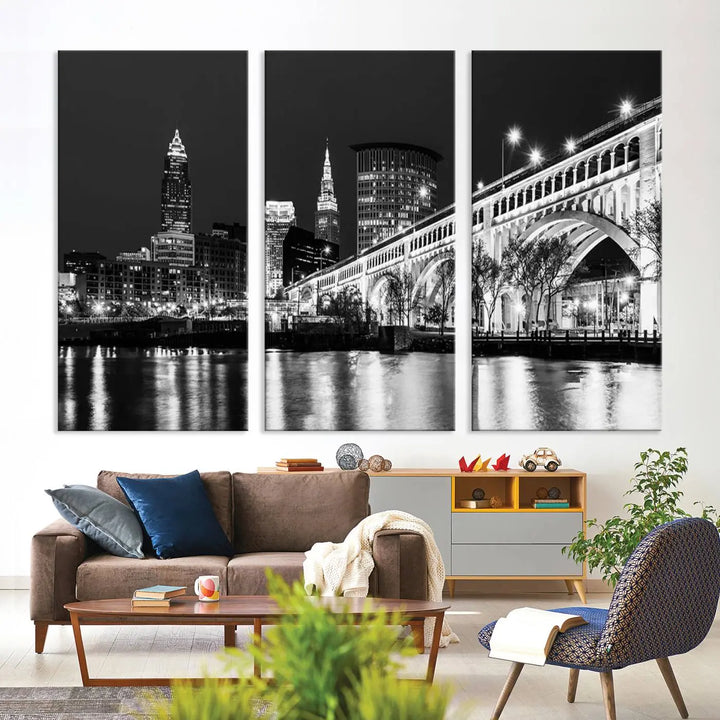 Enhance your space with the Cleveland Night Skyline Wall Art City Cityscape Canvas Print, a museum-quality black and white triptych. This ready-to-hang masterpiece is designed to elevate any room's aesthetic.