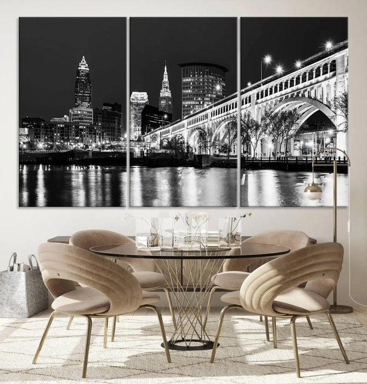 Enhance your space with the Cleveland Night Skyline Wall Art City Cityscape Canvas Print, a museum-quality black and white triptych. This ready-to-hang masterpiece is designed to elevate any room's aesthetic.