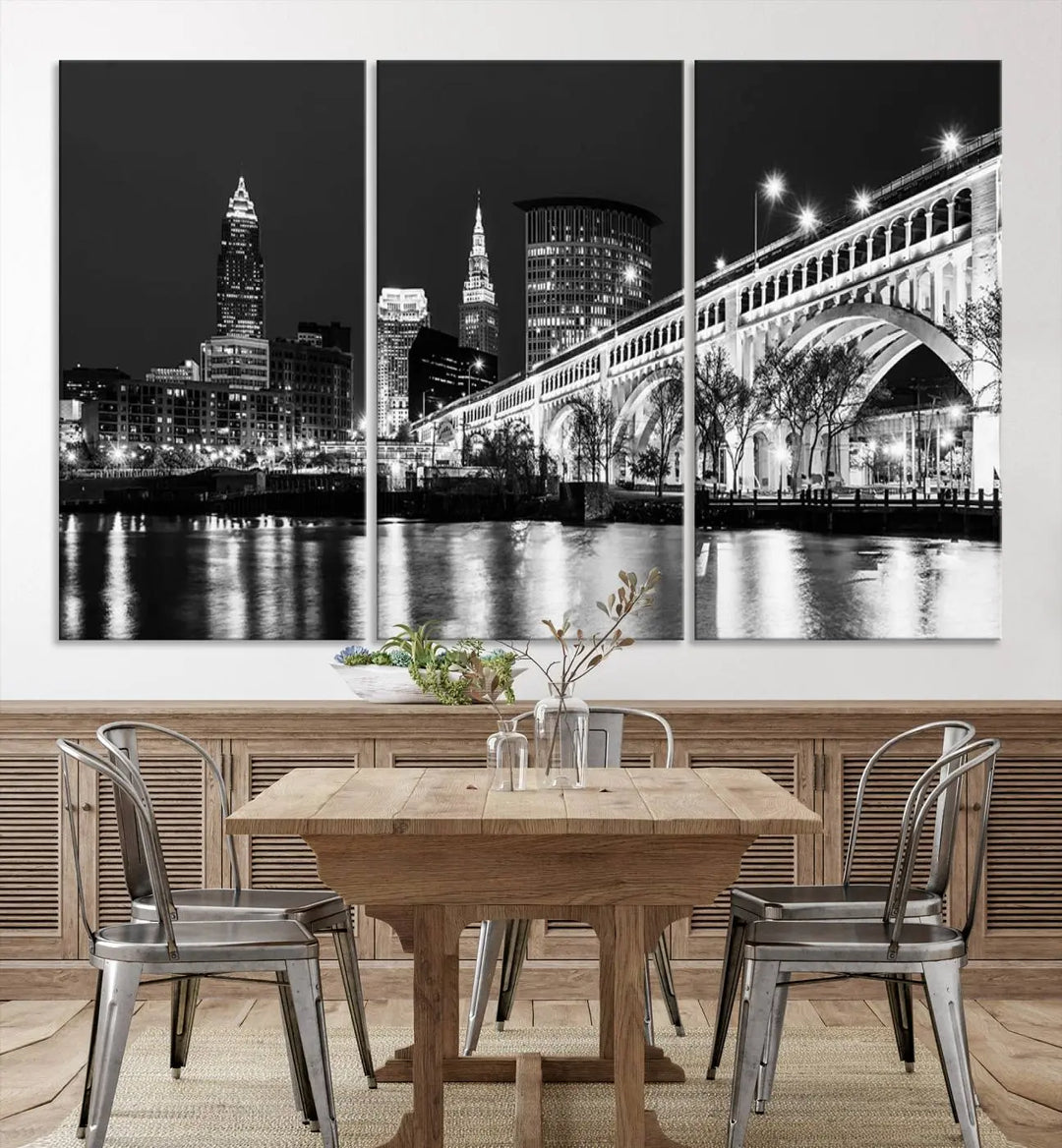 Enhance your space with the Cleveland Night Skyline Wall Art City Cityscape Canvas Print, a museum-quality black and white triptych. This ready-to-hang masterpiece is designed to elevate any room's aesthetic.