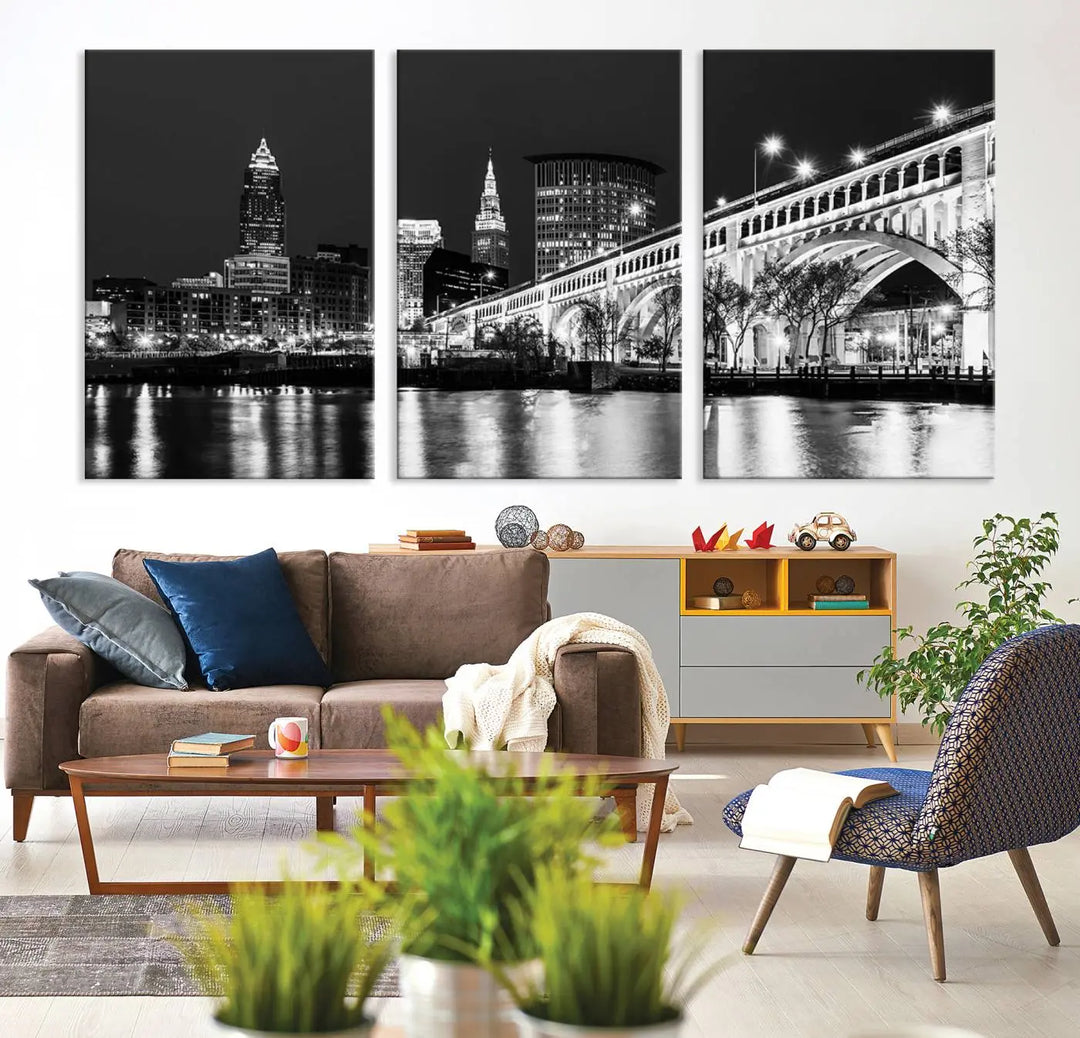 Enhance your space with the Cleveland Night Skyline Wall Art City Cityscape Canvas Print, a museum-quality black and white triptych. This ready-to-hang masterpiece is designed to elevate any room's aesthetic.