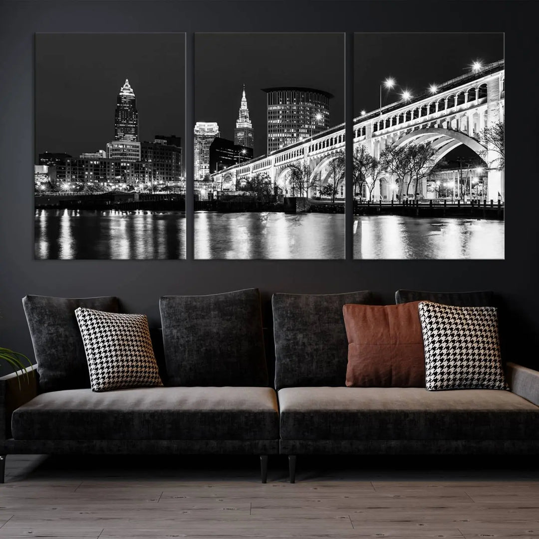 Enhance your space with the Cleveland Night Skyline Wall Art City Cityscape Canvas Print, a museum-quality black and white triptych. This ready-to-hang masterpiece is designed to elevate any room's aesthetic.