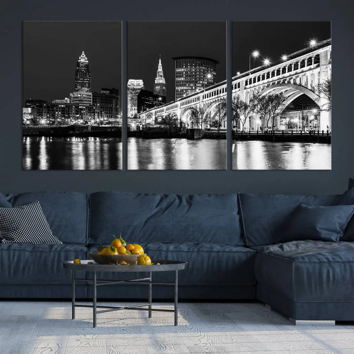 Enhance your space with the Cleveland Night Skyline Wall Art City Cityscape Canvas Print, a museum-quality black and white triptych. This ready-to-hang masterpiece is designed to elevate any room's aesthetic.