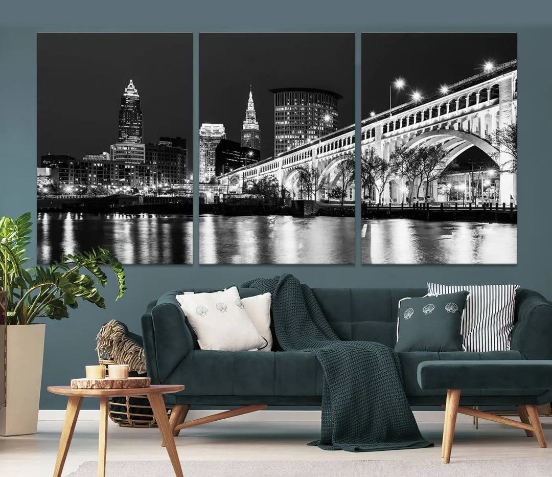 Enhance your space with the Cleveland Night Skyline Wall Art City Cityscape Canvas Print, a museum-quality black and white triptych. This ready-to-hang masterpiece is designed to elevate any room's aesthetic.