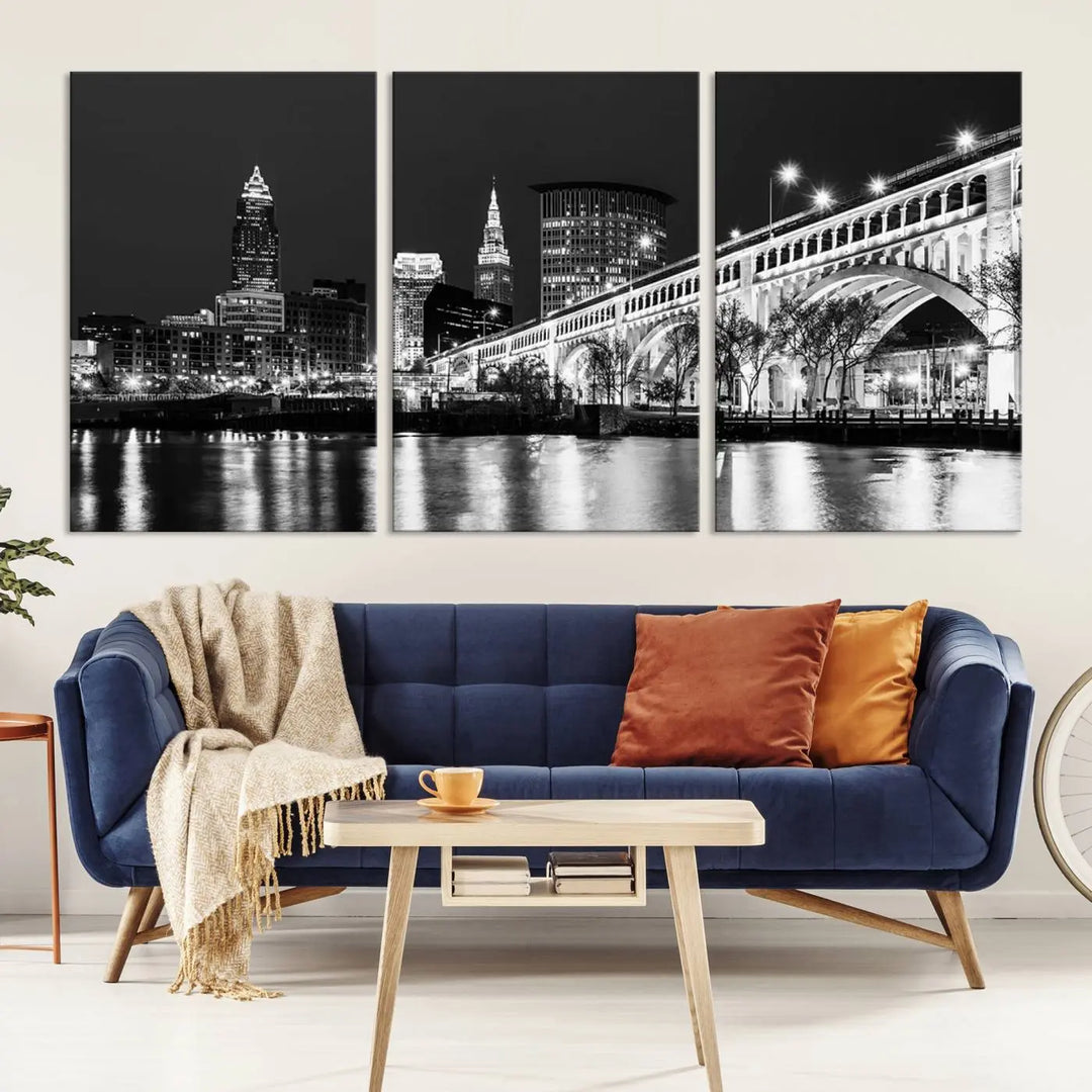 Enhance your space with the Cleveland Night Skyline Wall Art City Cityscape Canvas Print, a museum-quality black and white triptych. This ready-to-hang masterpiece is designed to elevate any room's aesthetic.