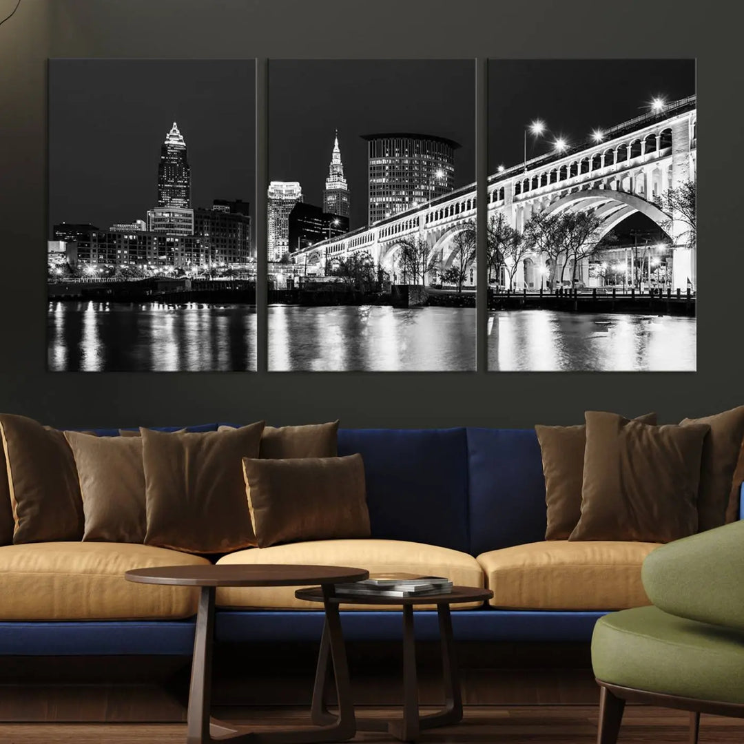 Enhance your space with the Cleveland Night Skyline Wall Art City Cityscape Canvas Print, a museum-quality black and white triptych. This ready-to-hang masterpiece is designed to elevate any room's aesthetic.