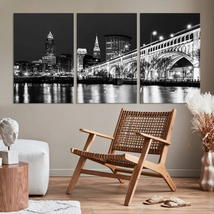 Enhance your space with the Cleveland Night Skyline Wall Art City Cityscape Canvas Print, a museum-quality black and white triptych. This ready-to-hang masterpiece is designed to elevate any room's aesthetic.