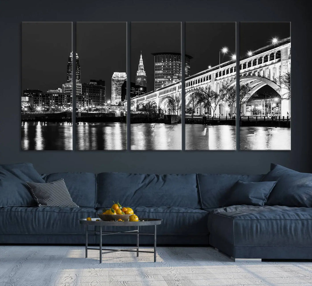 Enhance your space with the Cleveland Night Skyline Wall Art City Cityscape Canvas Print, a museum-quality black and white triptych. This ready-to-hang masterpiece is designed to elevate any room's aesthetic.