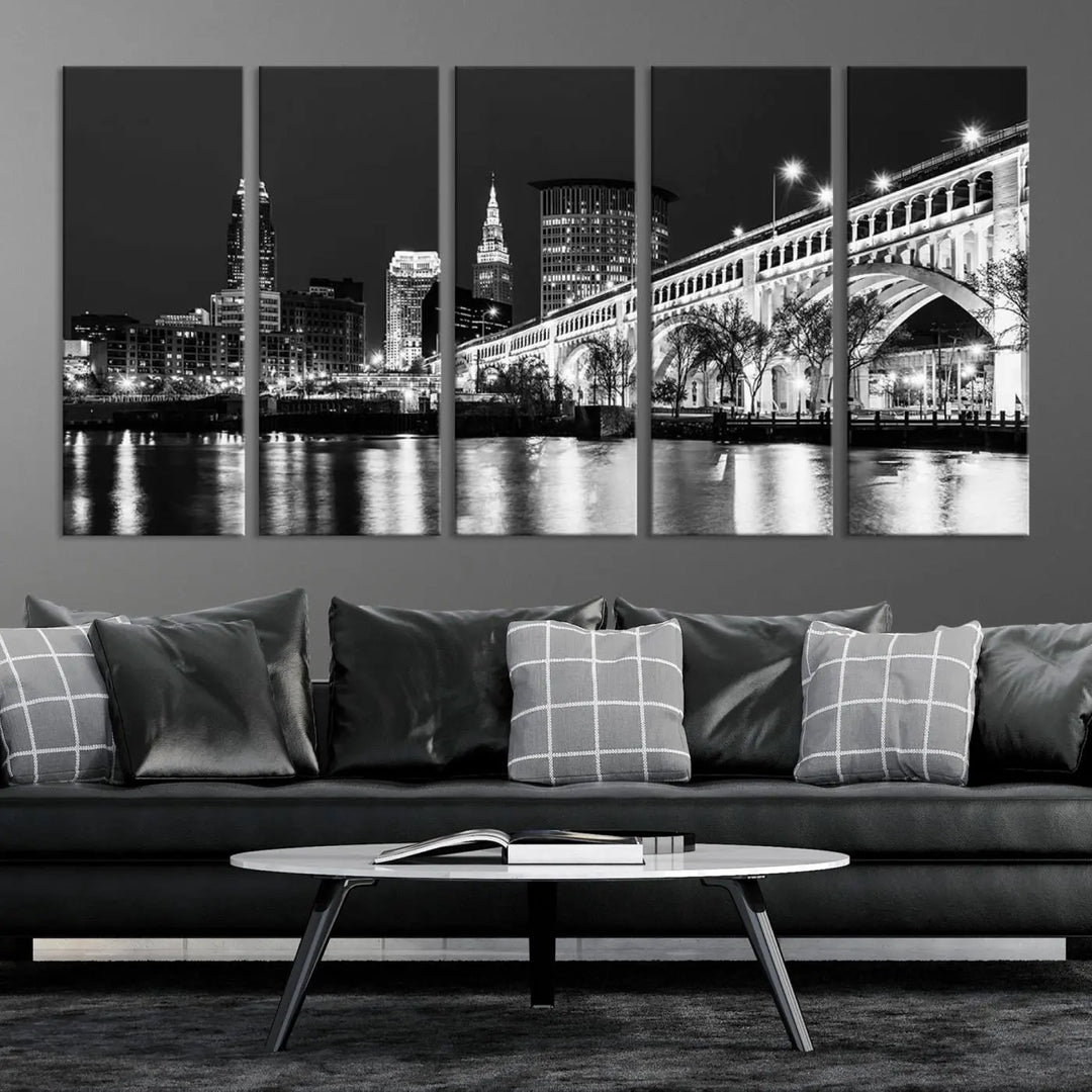 Enhance your space with the Cleveland Night Skyline Wall Art City Cityscape Canvas Print, a museum-quality black and white triptych. This ready-to-hang masterpiece is designed to elevate any room's aesthetic.