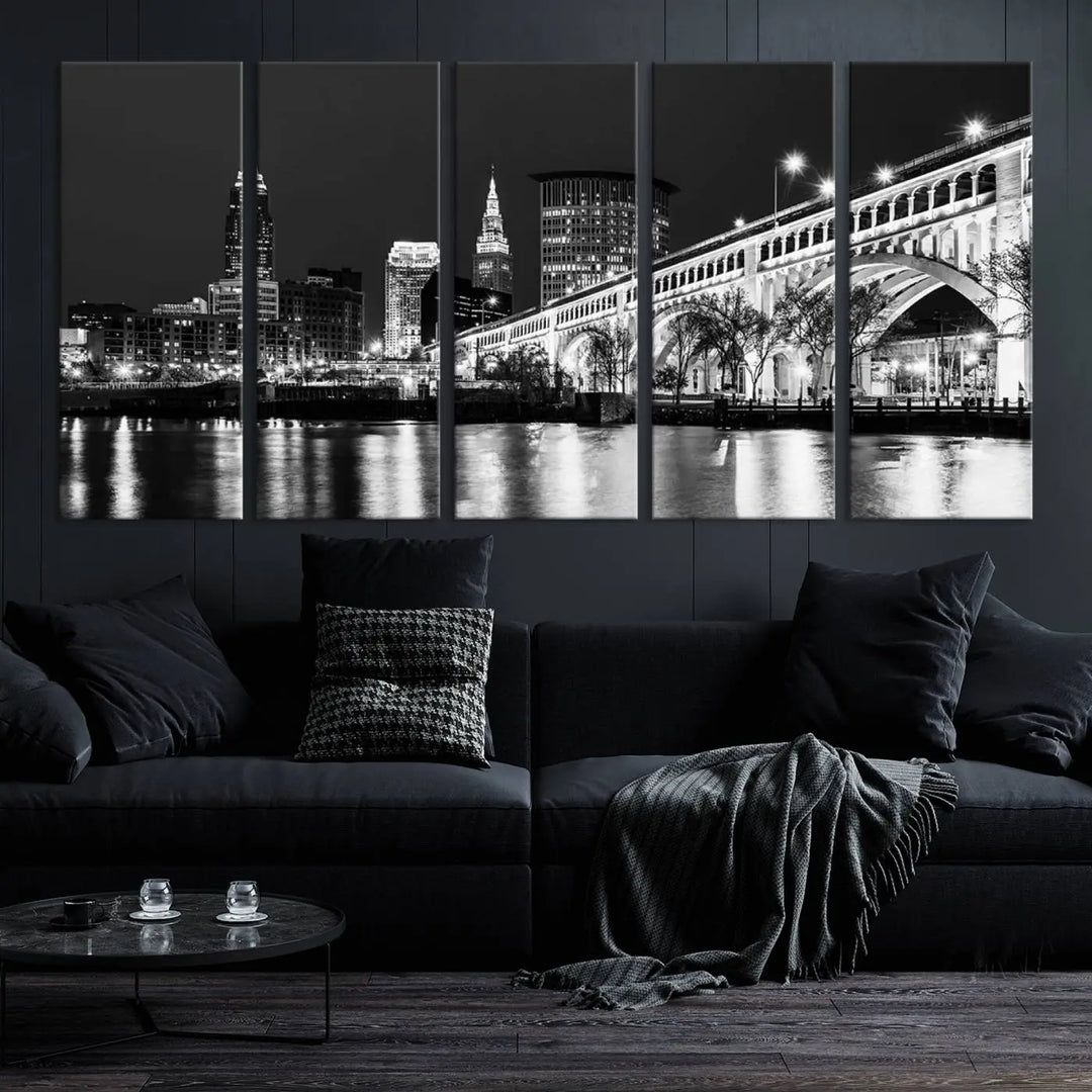 Enhance your space with the Cleveland Night Skyline Wall Art City Cityscape Canvas Print, a museum-quality black and white triptych. This ready-to-hang masterpiece is designed to elevate any room's aesthetic.