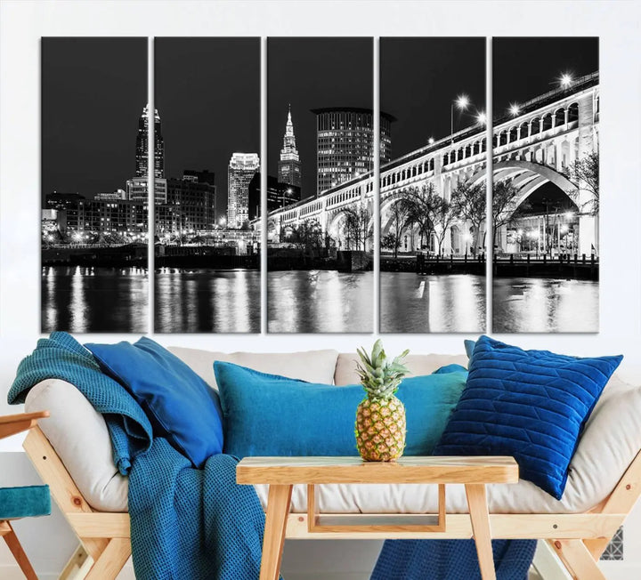 Enhance your space with the Cleveland Night Skyline Wall Art City Cityscape Canvas Print, a museum-quality black and white triptych. This ready-to-hang masterpiece is designed to elevate any room's aesthetic.