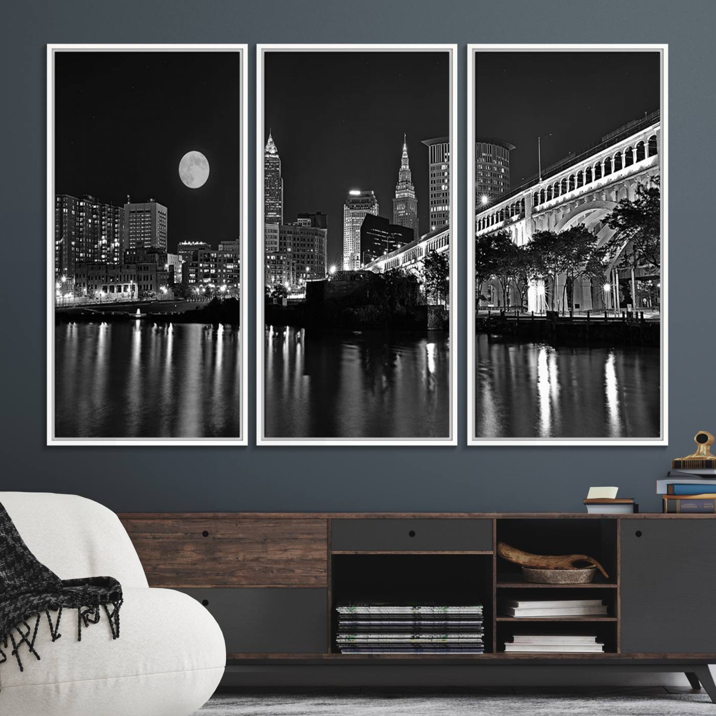 58328-MGV-FC-48X32-3P_White-Cleveland Night Skyline Wall Art City Cityscape Canvas Print