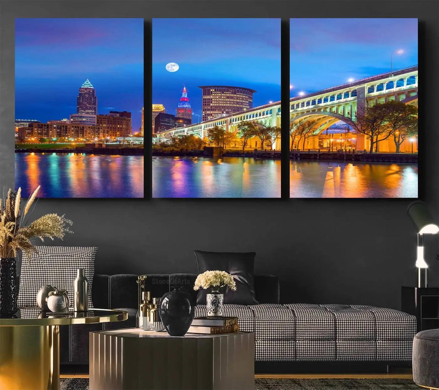 61364-MGV-CV-36X24-Cleveland Night Skyline Wall Art City Cityscape Canvas Print