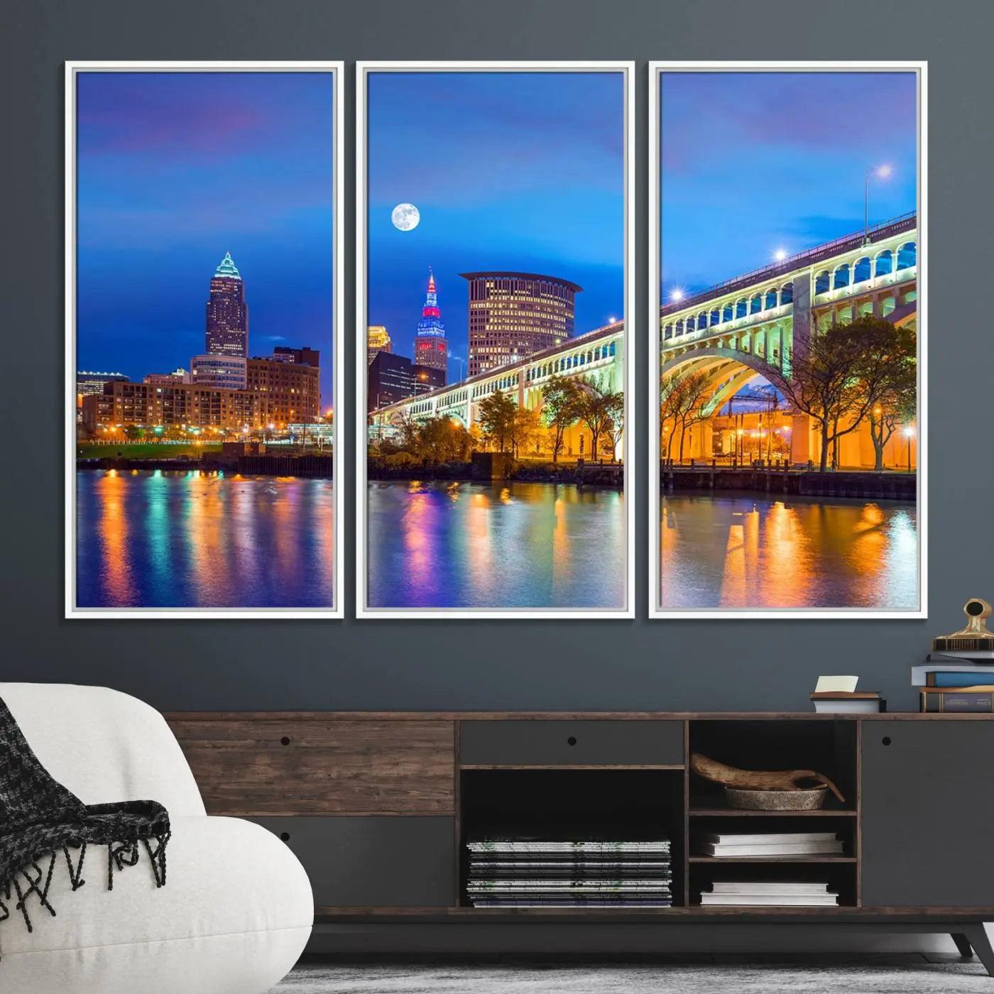 61364-MGV-FC-48X32-3P_White-Cleveland Night Skyline Wall Art City Cityscape Canvas Print