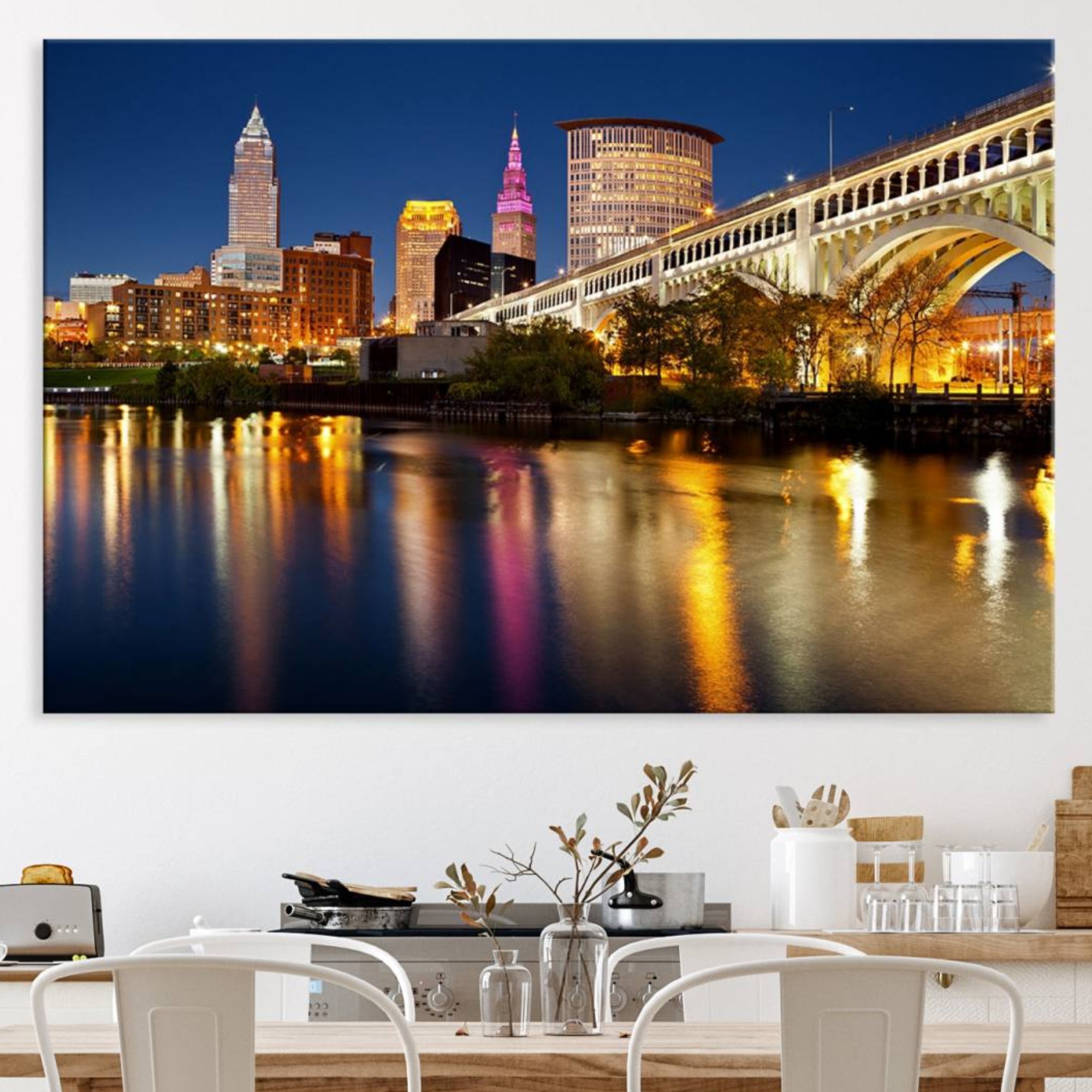 34373-MGV-CV-36X24-Cleveland Night Skyline Wall Art, City Cityscape Canvas Print Wall Art