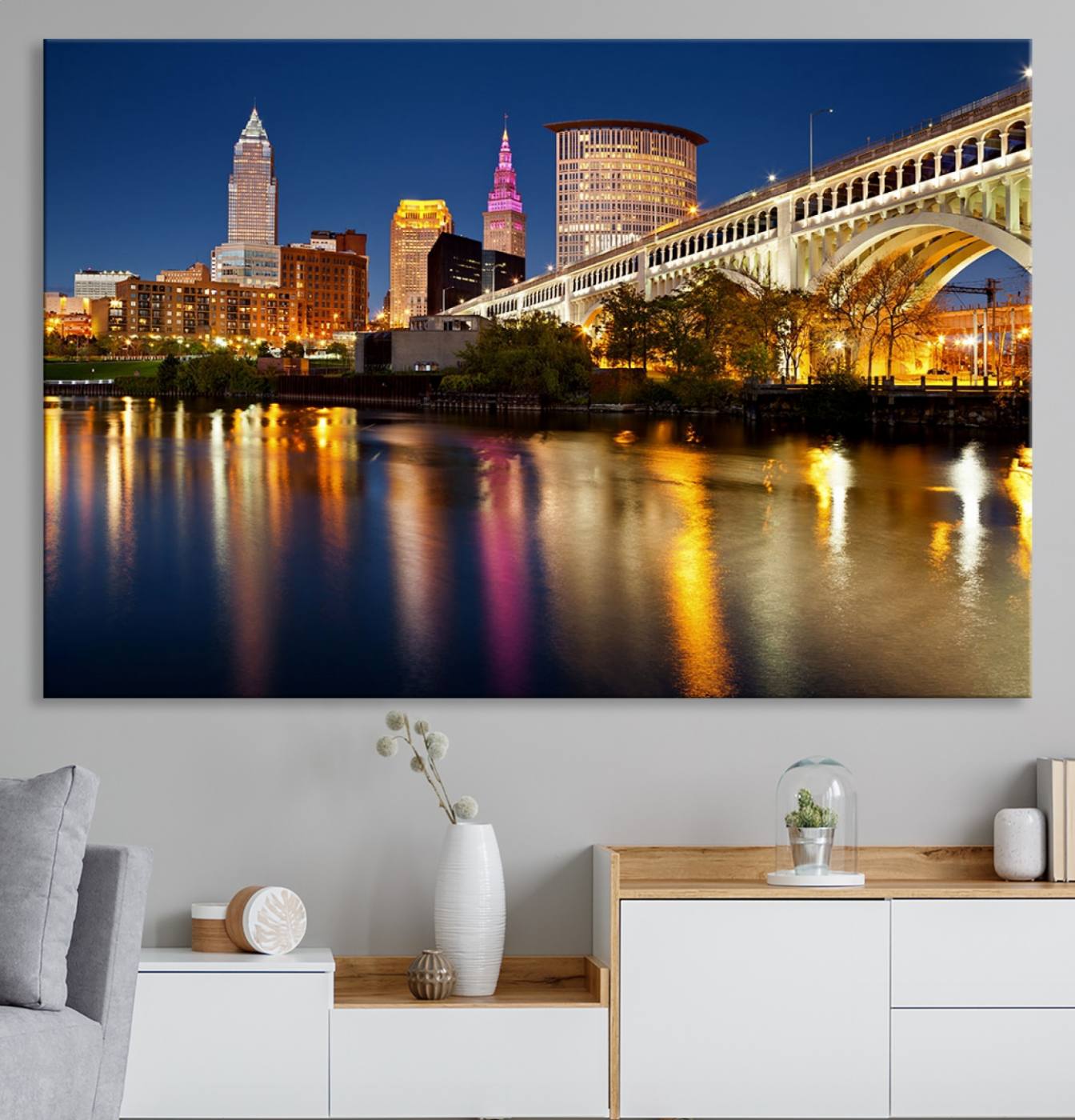 34373-MGV-CV-36X24-Cleveland Night Skyline Wall Art, City Cityscape Canvas Print Wall Art
