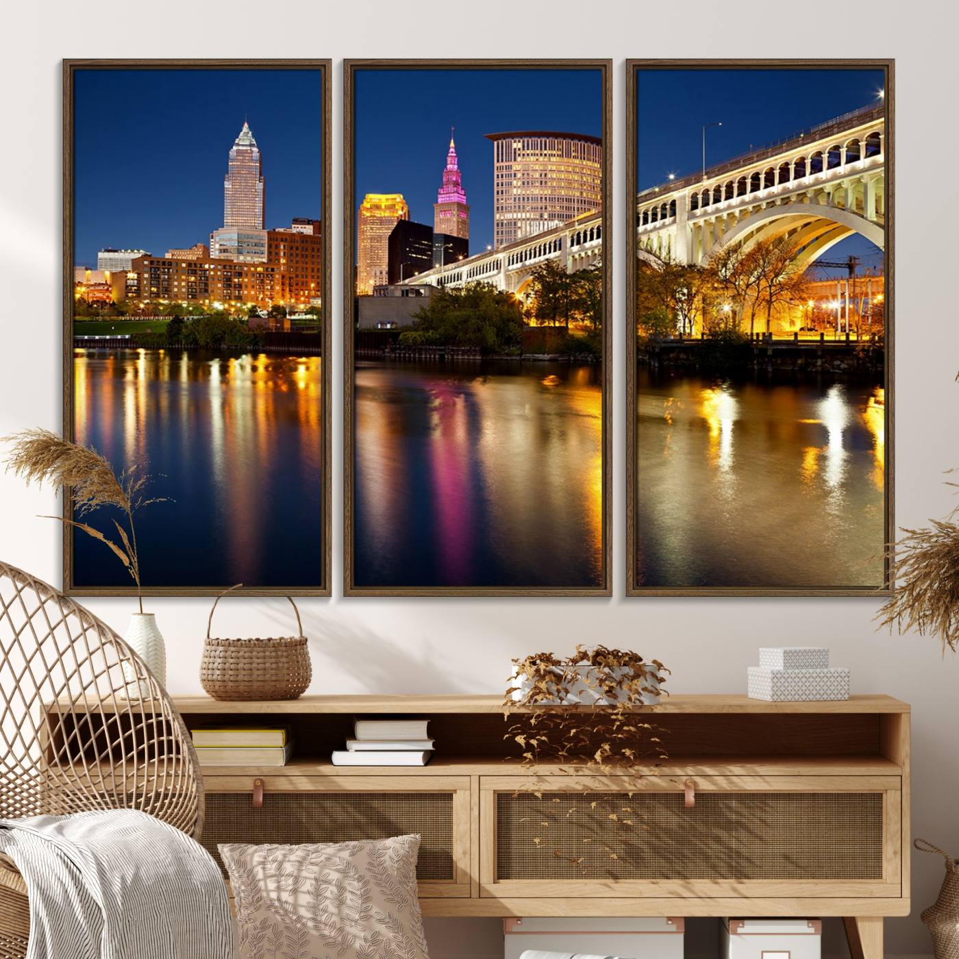 34373-MGV-FC-48X32-3P_Walnut-Cleveland Night Skyline Wall Art, City Cityscape Canvas Print Wall Art