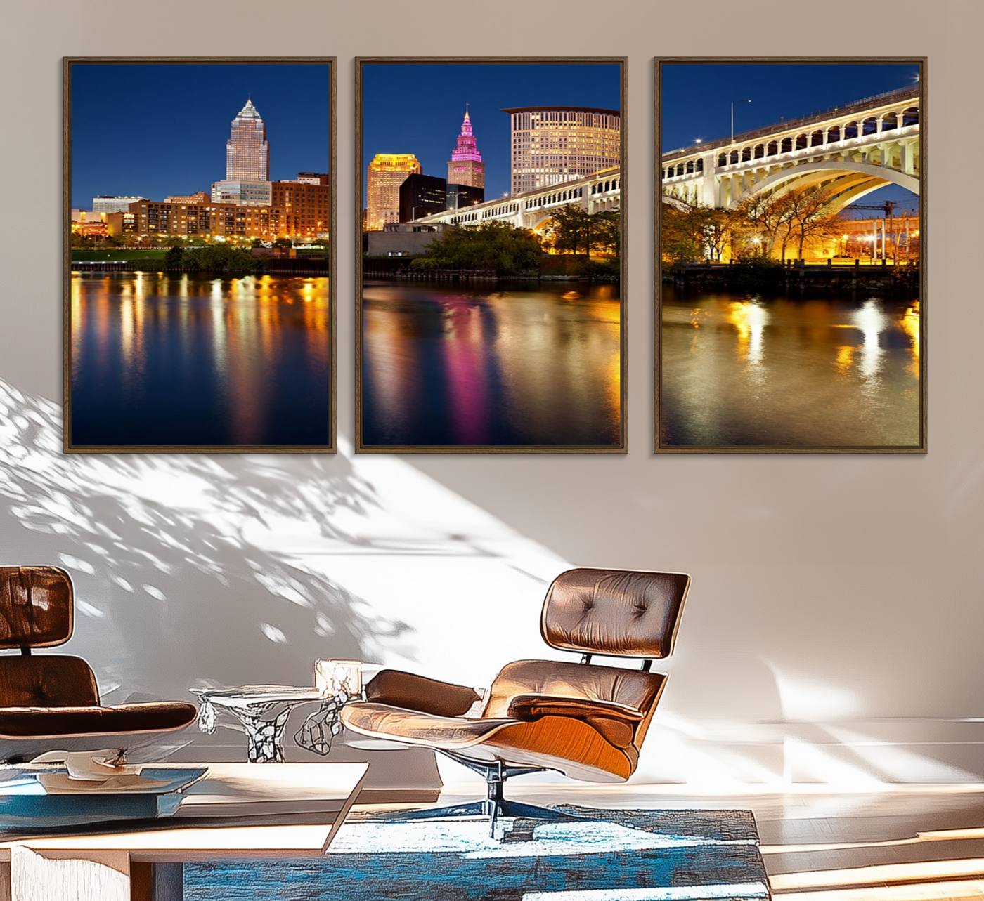 34373-MGV-FC-60X30-3P_Walnut-Cleveland Night Skyline Wall Art, City Cityscape Canvas Print Wall Art
