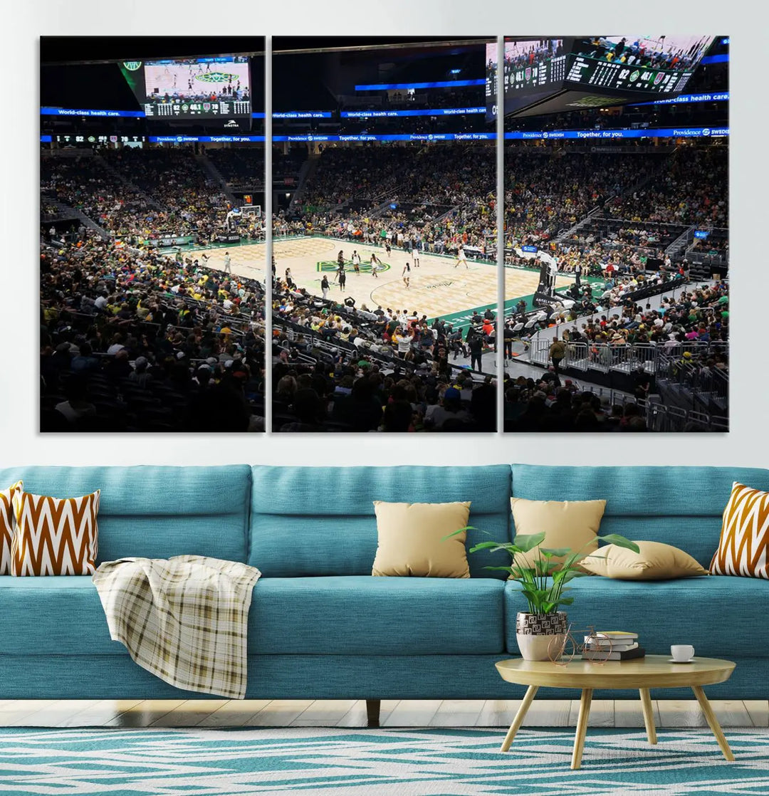 The "Climate Pledge Arena | Washington Seattle Kraken Hockey Stadium Wall Art" canvas print, ready to hang, adds a touch of excitement to the room.