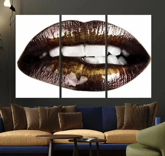 The Close Up Lips Wall Art Canvas Print forms a captivating focal point in this modern living room, showcasing a triptych of glossy, dark lips. Crafted on high-quality polycotton canvas, this piece ensures both durability and vibrant visual appeal.