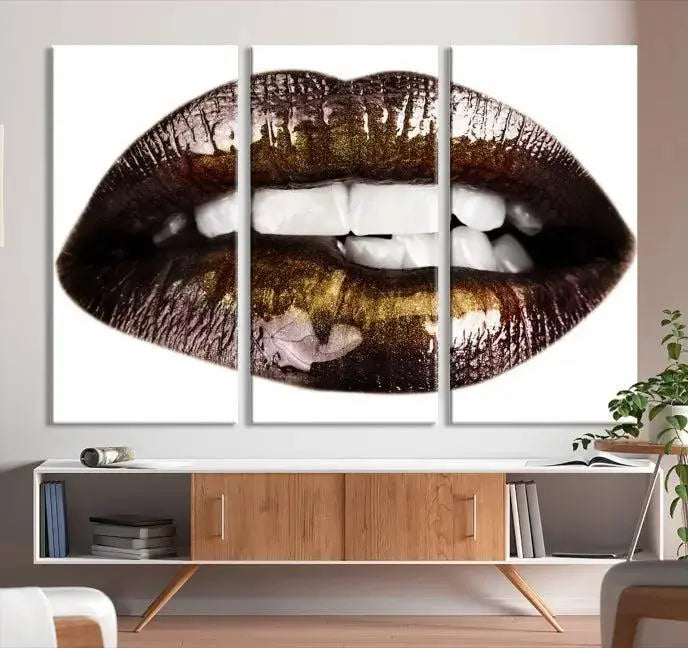 The Close Up Lips Wall Art Canvas Print forms a captivating focal point in this modern living room, showcasing a triptych of glossy, dark lips. Crafted on high-quality polycotton canvas, this piece ensures both durability and vibrant visual appeal.