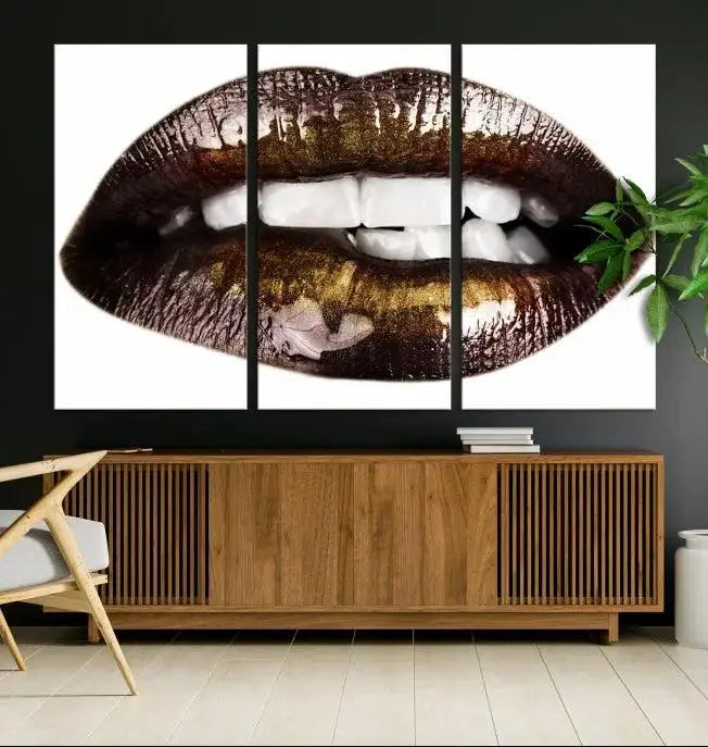 The Close Up Lips Wall Art Canvas Print forms a captivating focal point in this modern living room, showcasing a triptych of glossy, dark lips. Crafted on high-quality polycotton canvas, this piece ensures both durability and vibrant visual appeal.