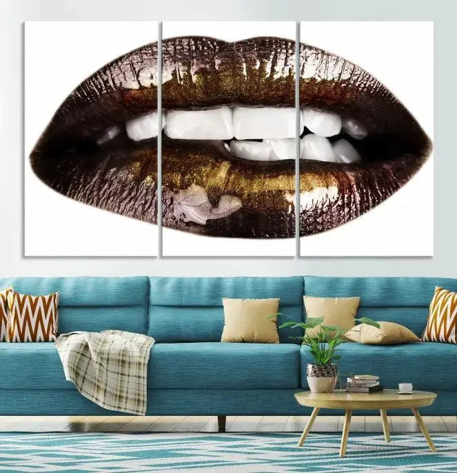 The Close Up Lips Wall Art Canvas Print forms a captivating focal point in this modern living room, showcasing a triptych of glossy, dark lips. Crafted on high-quality polycotton canvas, this piece ensures both durability and vibrant visual appeal.