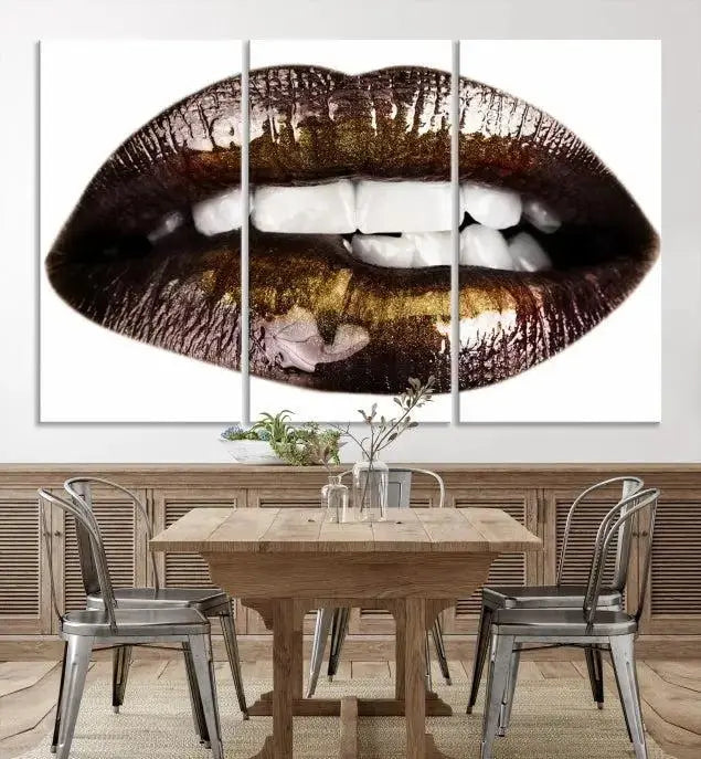 The Close Up Lips Wall Art Canvas Print forms a captivating focal point in this modern living room, showcasing a triptych of glossy, dark lips. Crafted on high-quality polycotton canvas, this piece ensures both durability and vibrant visual appeal.