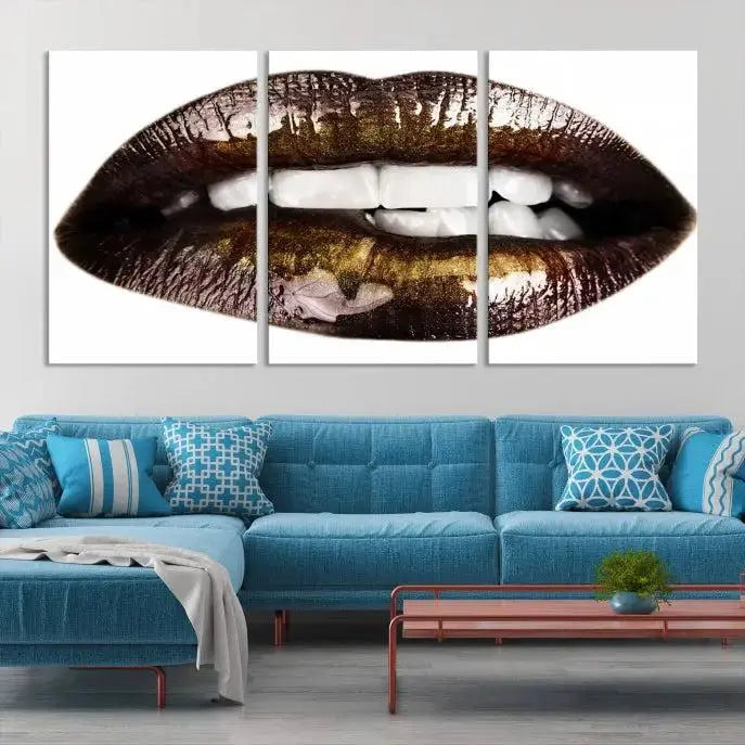 The Close Up Lips Wall Art Canvas Print forms a captivating focal point in this modern living room, showcasing a triptych of glossy, dark lips. Crafted on high-quality polycotton canvas, this piece ensures both durability and vibrant visual appeal.