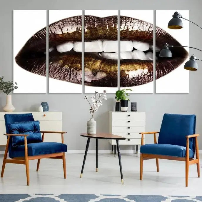 The Close Up Lips Wall Art Canvas Print forms a captivating focal point in this modern living room, showcasing a triptych of glossy, dark lips. Crafted on high-quality polycotton canvas, this piece ensures both durability and vibrant visual appeal.