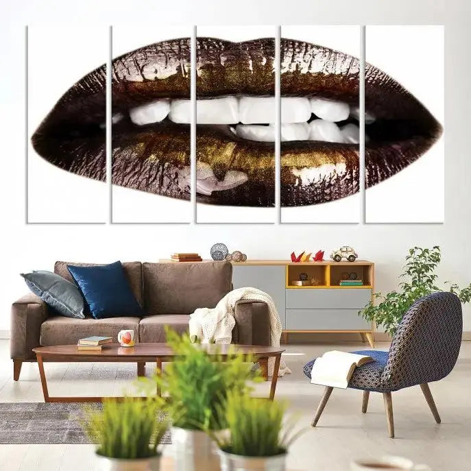 The Close Up Lips Wall Art Canvas Print forms a captivating focal point in this modern living room, showcasing a triptych of glossy, dark lips. Crafted on high-quality polycotton canvas, this piece ensures both durability and vibrant visual appeal.