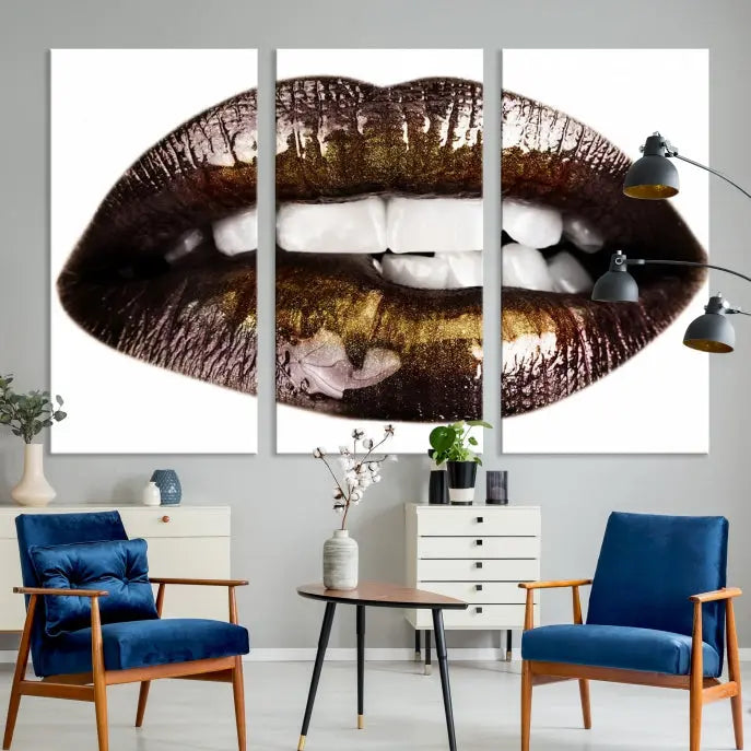 The Close Up Lips Wall Art Canvas Print forms a captivating focal point in this modern living room, showcasing a triptych of glossy, dark lips. Crafted on high-quality polycotton canvas, this piece ensures both durability and vibrant visual appeal.