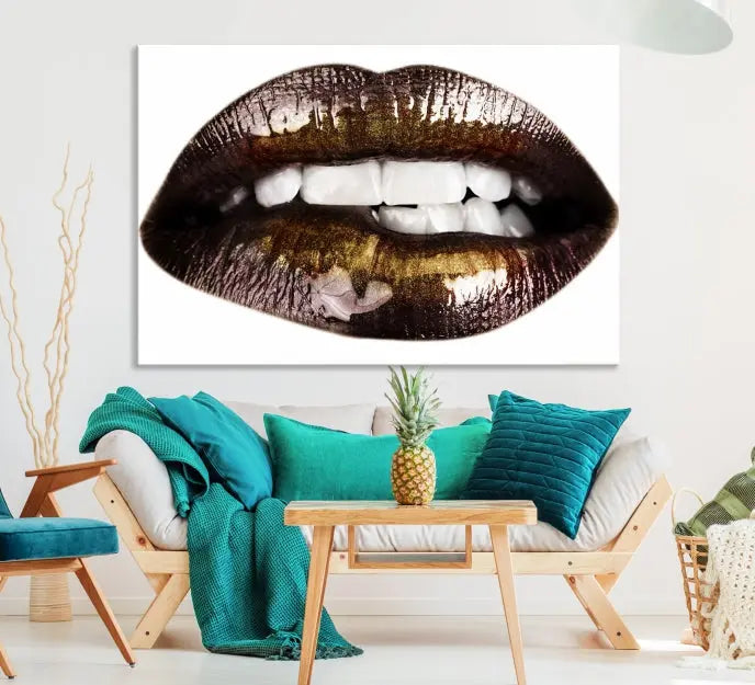 The Close Up Lips Wall Art Canvas Print forms a captivating focal point in this modern living room, showcasing a triptych of glossy, dark lips. Crafted on high-quality polycotton canvas, this piece ensures both durability and vibrant visual appeal.