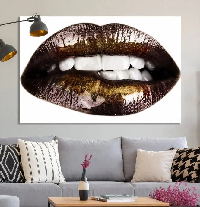 The Close Up Lips Wall Art Canvas Print forms a captivating focal point in this modern living room, showcasing a triptych of glossy, dark lips. Crafted on high-quality polycotton canvas, this piece ensures both durability and vibrant visual appeal.