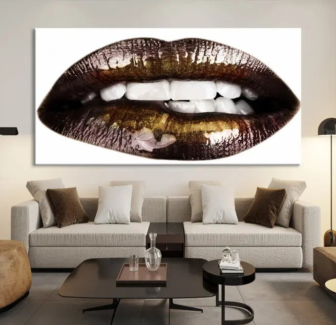 The Close Up Lips Wall Art Canvas Print forms a captivating focal point in this modern living room, showcasing a triptych of glossy, dark lips. Crafted on high-quality polycotton canvas, this piece ensures both durability and vibrant visual appeal.