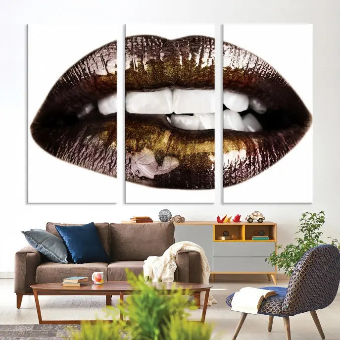 The Close Up Lips Wall Art Canvas Print forms a captivating focal point in this modern living room, showcasing a triptych of glossy, dark lips. Crafted on high-quality polycotton canvas, this piece ensures both durability and vibrant visual appeal.